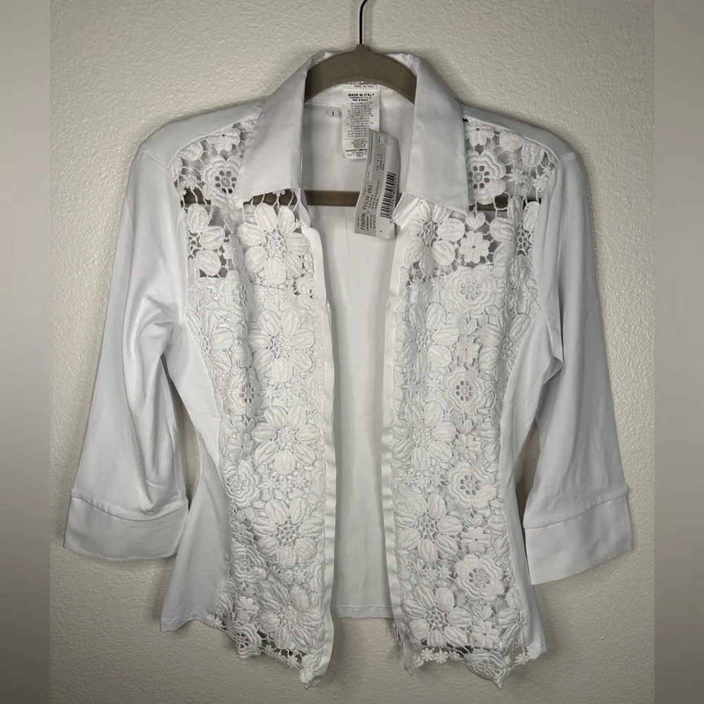 NaraCamicie | Italian Made White Zip Up 3/4 Sleeve Blouse - Picture 2 of 11